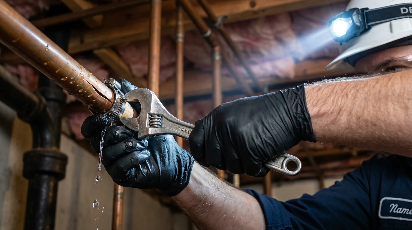Emergency pipe clamp repair being performed by a Johns Plumbing LLC plumber in Crete