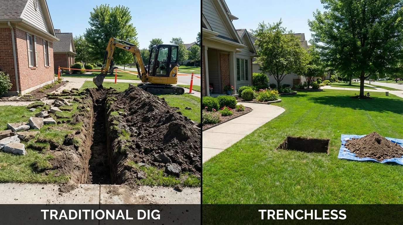 Trenchless sewer repair with minimal yard damage versus traditional excavation in Crete, IL