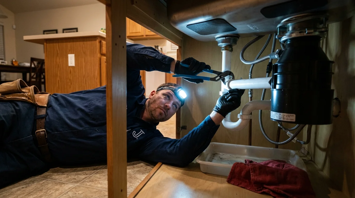 P-trap and supply line connections under a kitchen sink showing a common leak point in Crete, IL